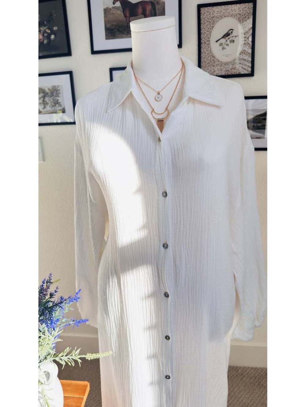 Boutique White Cotton Gauze Button Down Midi Dress - Size M - Picture 8 of 9